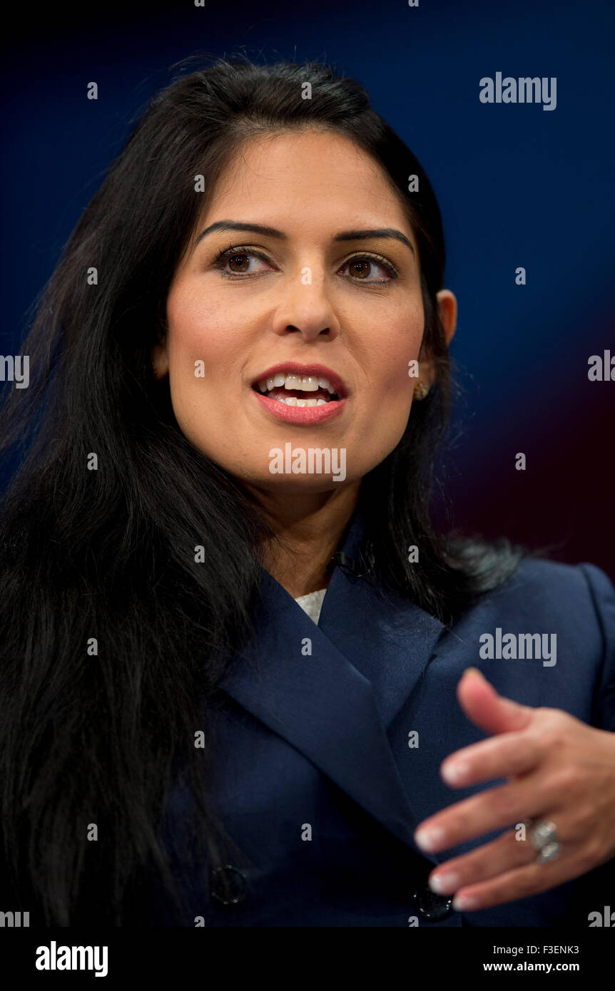 Manchester, UK. 6th October 2015. Priti Patel, MP for Witham, and Minister of State for Employment, speaks at Day 3 of the 2015 Conservative Party Conference in Manchester. Credit:  Russell Hart/Alamy Live News. Stock Photo