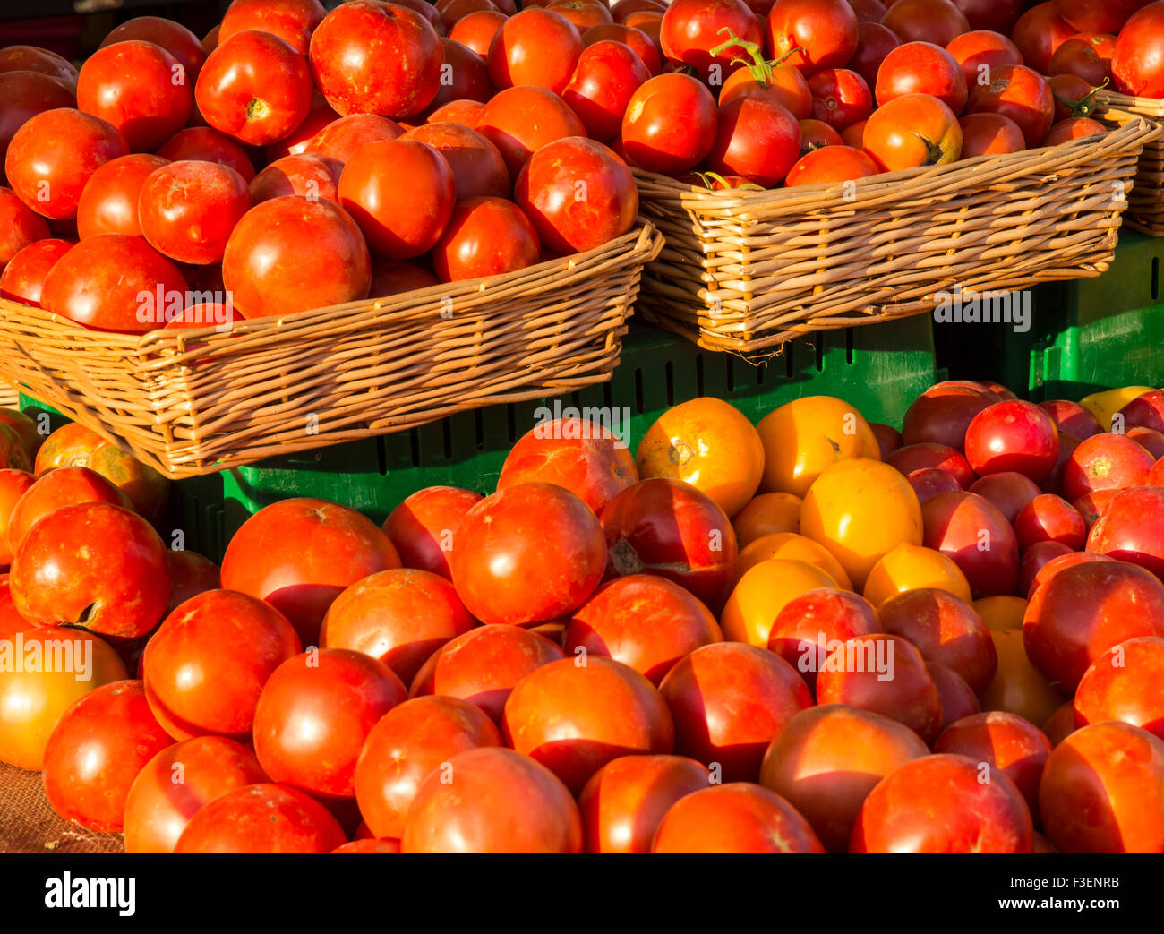 Boise Farmers Market, Colorful home grown Tomatoes for sale at vendors stall. Boise, Idaho Stock Photo