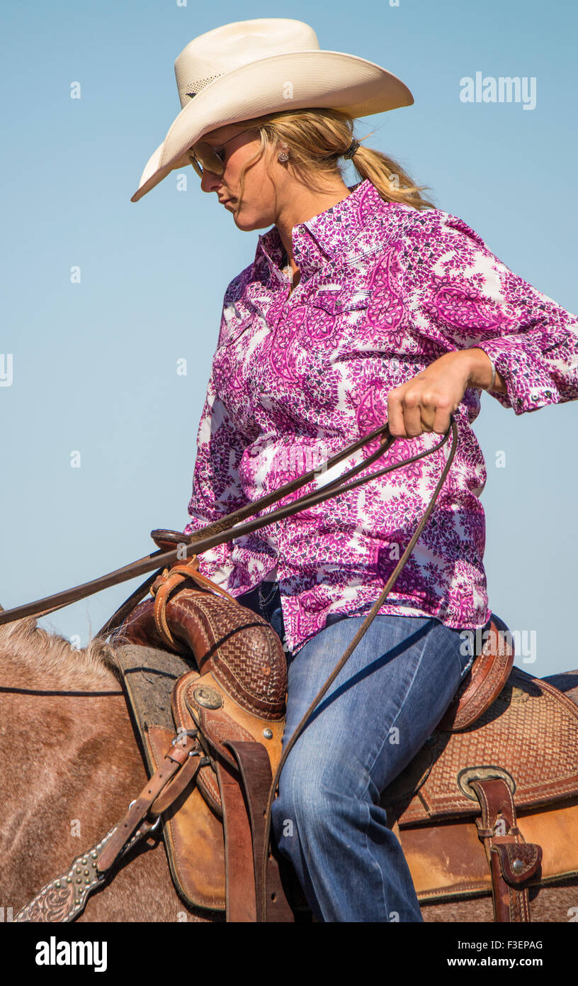 Rodeo's, People, Bruneau Round-up, Woman Horseback riding, Bruneau, Idaho, USA Stock Photo