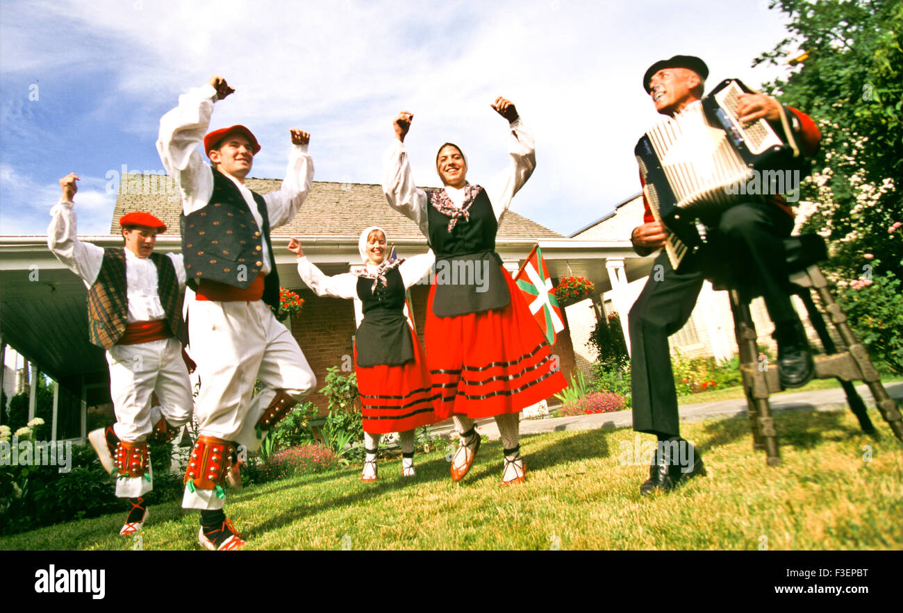 People, Onikari Basque Dancers performing in front of the Basque Museum on the Basque Block, Boise, Idaho, USA Stock Photo