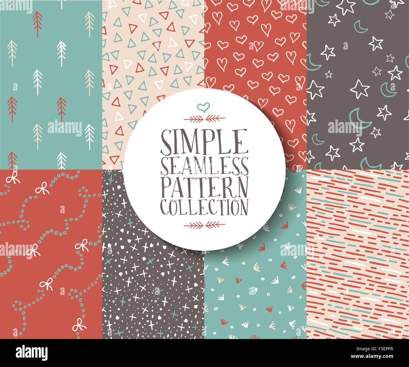 Simple seamless pattern collection of vintage hipster style hand drawn elements in soft colors. EPS10 vector. Stock Vector