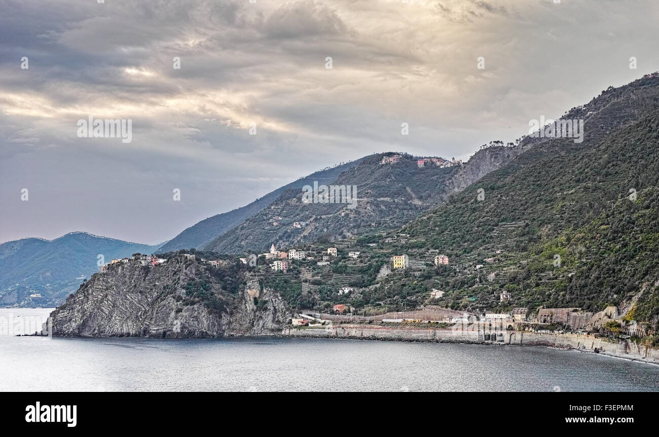 Corniglia village and the coast, Cinque Terre, Liguria, Italy, on a wintry day. Stock Photo