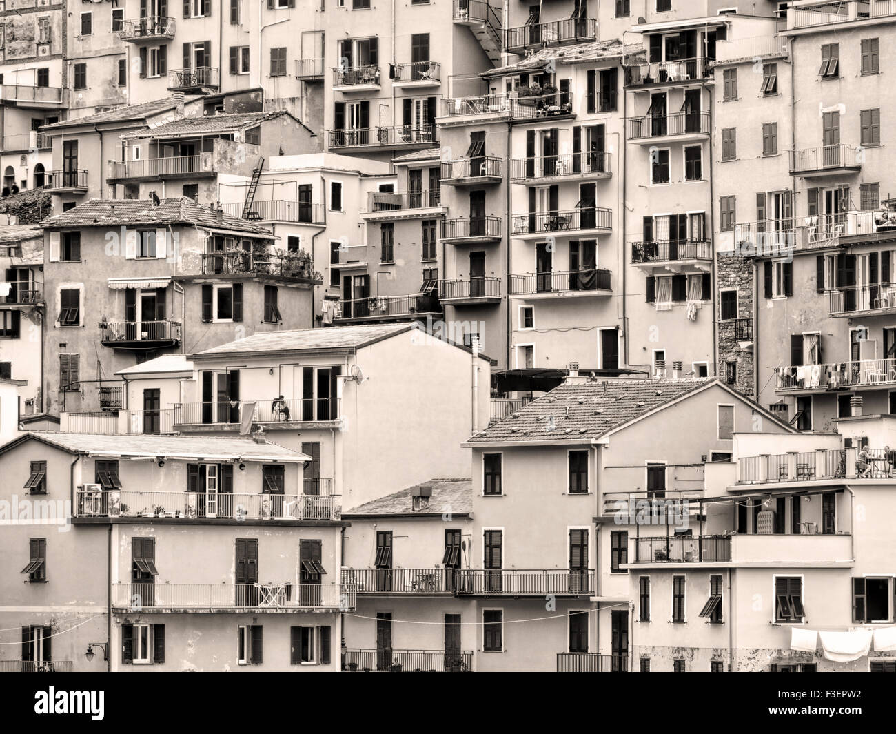 Manarola village in the Cinque Terre, Italy. Major tourist magnet in Italy. Tinted monochrom image to highlight the architecture Stock Photo