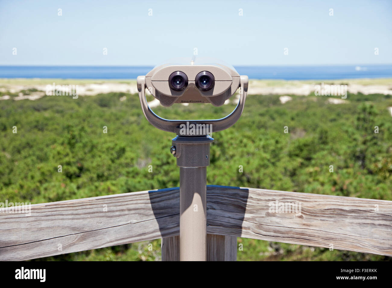 Binoculars at scenic beach/ocean lookout. Stock Photo