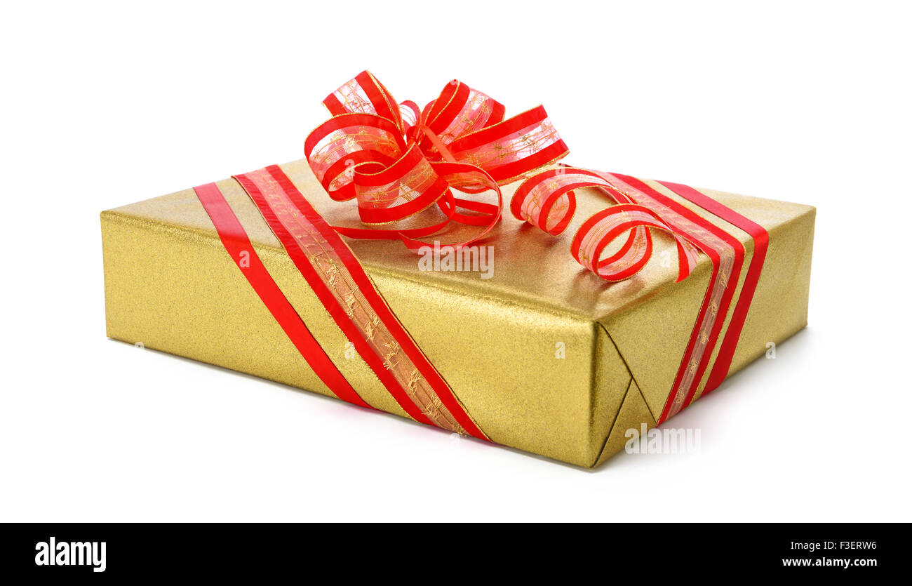 Gold gift box with red ribbon and a nice fancy bow, studio isolated on white background Stock Photo