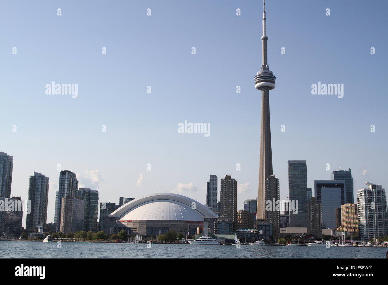 CN Tower in Toronto, Ontario seen from Lake Ontario Stock Photo