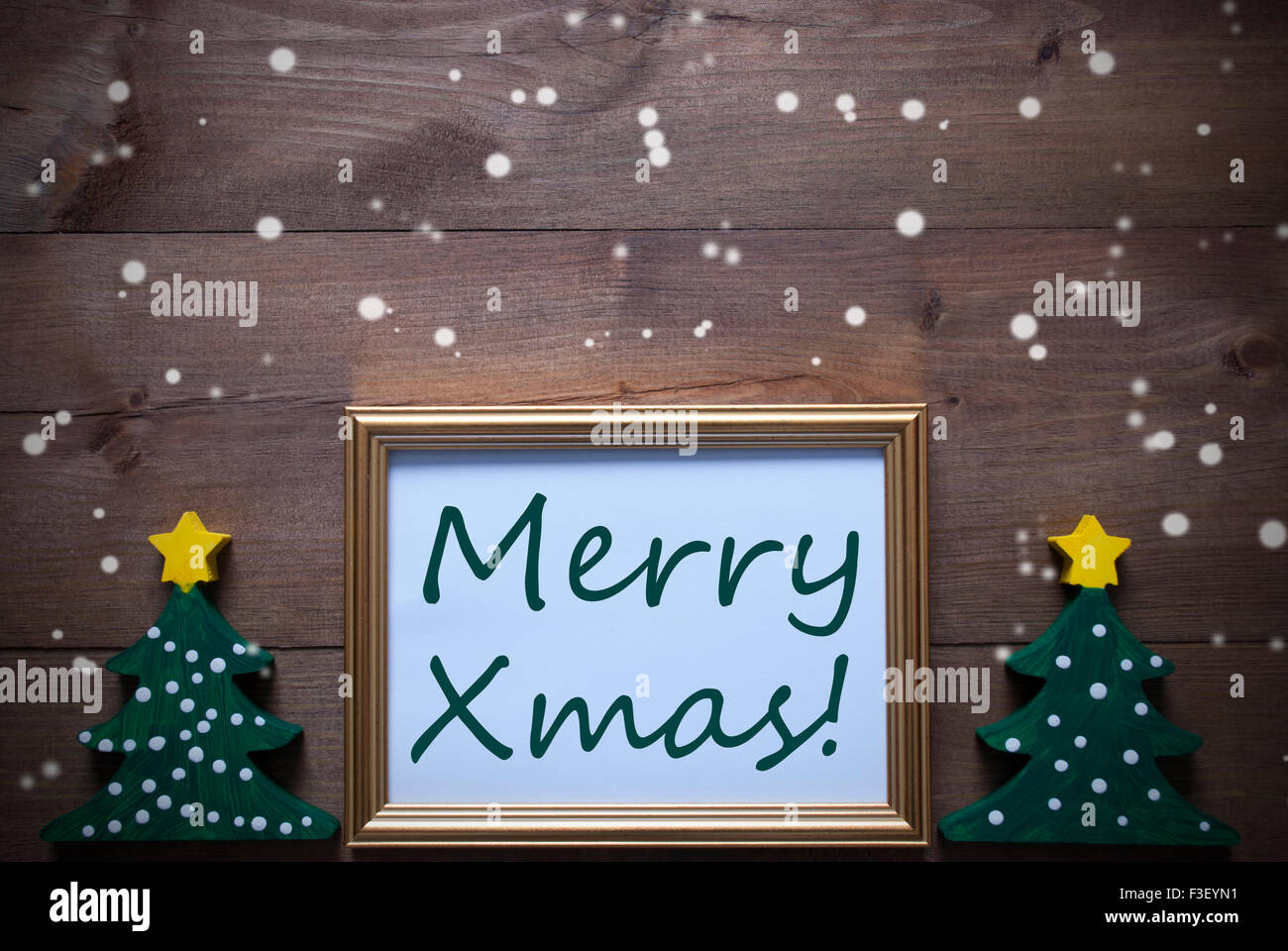 Picture Frame With Christmas Tree And Text Merry Xmas, Snowflake Stock