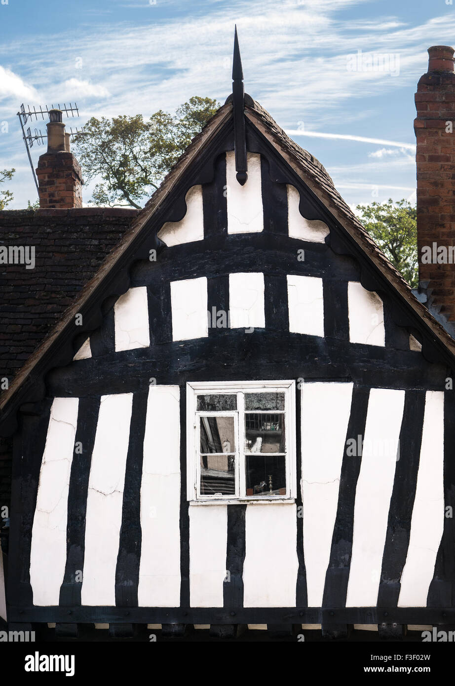 Gable end of a medieval house with a timber frame in the town of Warwick Stock Photo