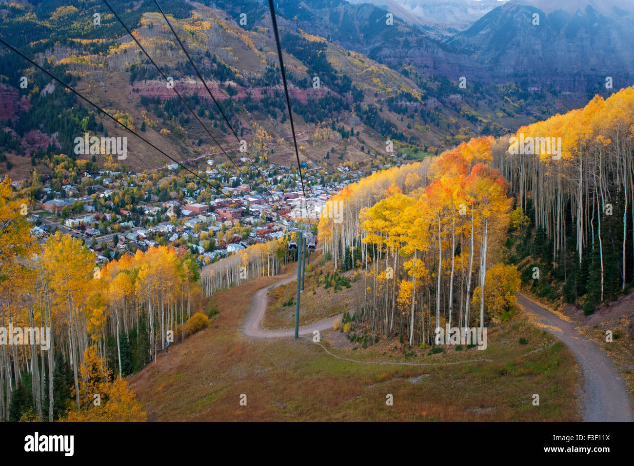 Autumn leaf dispays in Telluride, CO as seen from a gondola Stock Photo