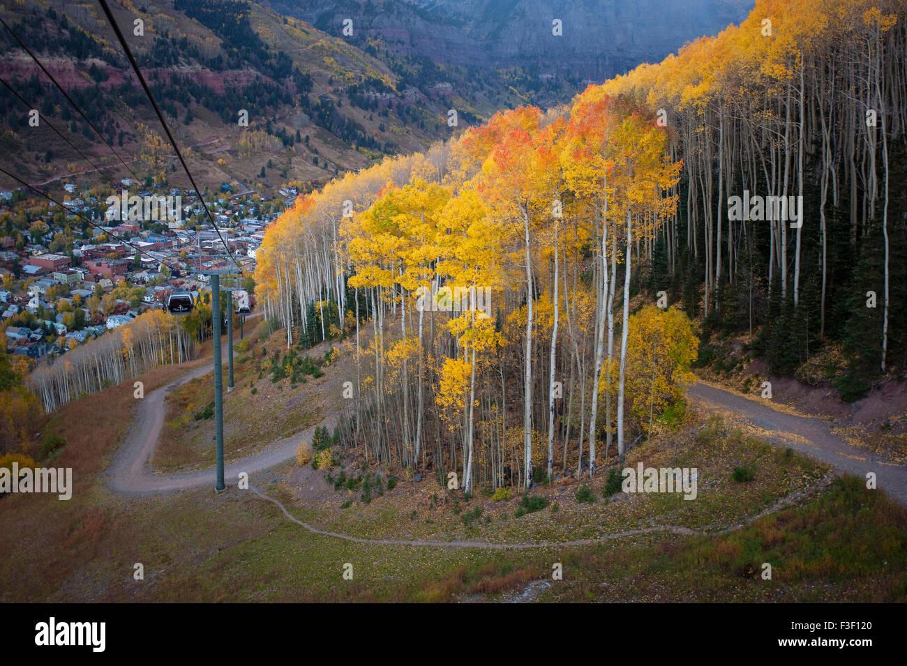 Autumn leaf dispays in Telluride, CO as seen from a gondola Stock Photo