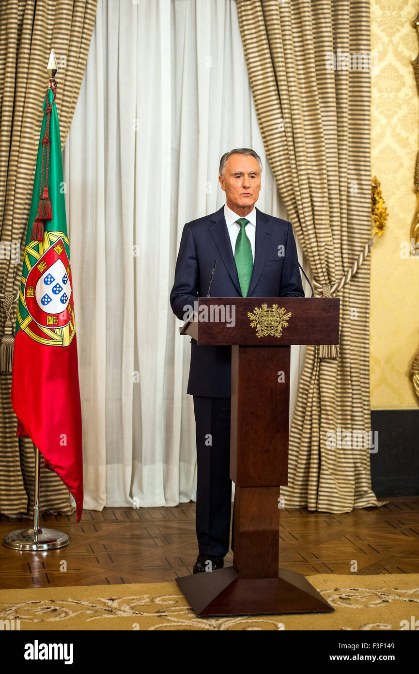 Lisbon, Portugal. 6th October, 2015. Portuguese President Cavaco Silva speaks to the Portuguese people about the new Government. Lisbon, PT, on Out 6, 2015. (Photo by Gonçalo Silva/Alamy Live News) Stock Photo