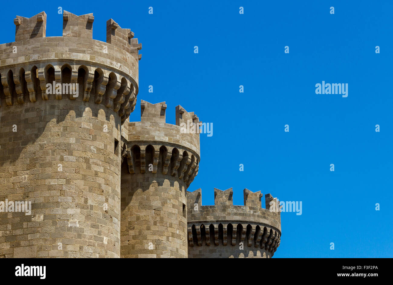 Towers of the Palace of Grand Master, in the Old Town of Rhodes, in Greece. Stock Photo