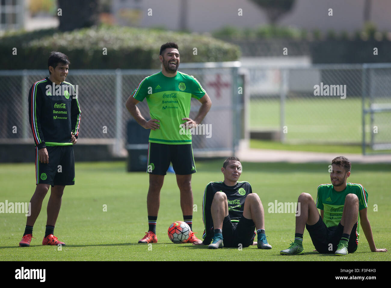 Mexico City, Mexico. 6th Oct, 2015. Mexico's national soccer team players Jose Rivas (2nd-L), Paul Aguilar (2nd-R), Diego Reyes (R), take part in a training session at High Performance Center of the Mexican Football Federation (CAR-FEMEXFUT, for its acronym in Spanish), in Mexico City, capital of Mexico, Oct. 6, 2015. Mexican national soccer team held a training session on Tuesday ahead of its match against the United States national soccer team for a spot in the Confederations Cup Russia 2017, to be played on Oct. 10 at Rose Bowl stadium in California. © Pedro Mera/Xinhua/Alamy Live News Stock Photo