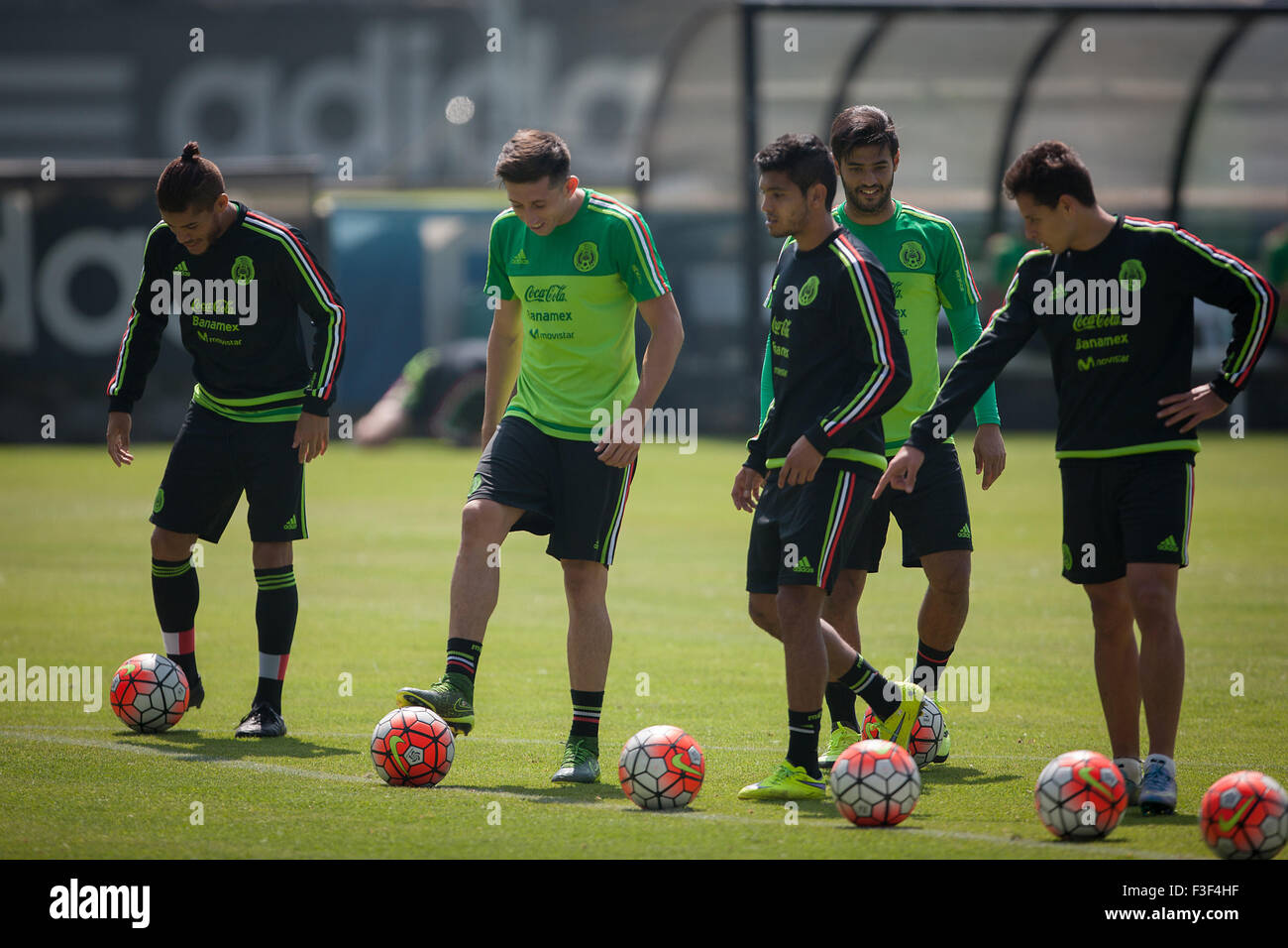 (151007) -- MEXICO CITY, Oct. 7, 2015 (Xinhua) -- (L to R) Mexico's national soccer team players Jonathan Dos Santos, Hector Herrera, Jesus Corona, Carlos Vela, y Javier Hernandez, take part in a training session at High Performance Center of the Mexican Football Federation (CAR-FEMEXFUT, for its acronym in Spanish), in Mexico City, capital of Mexico, Oct. 6, 2015. Mexican national soccer team held a training session on Tuesday ahead of its match against the United States national soccer team for a spot in the Confederations Cup Russia 2017, to be played on Oct. 10 at Rose Bowl stadium in Cali Stock Photo