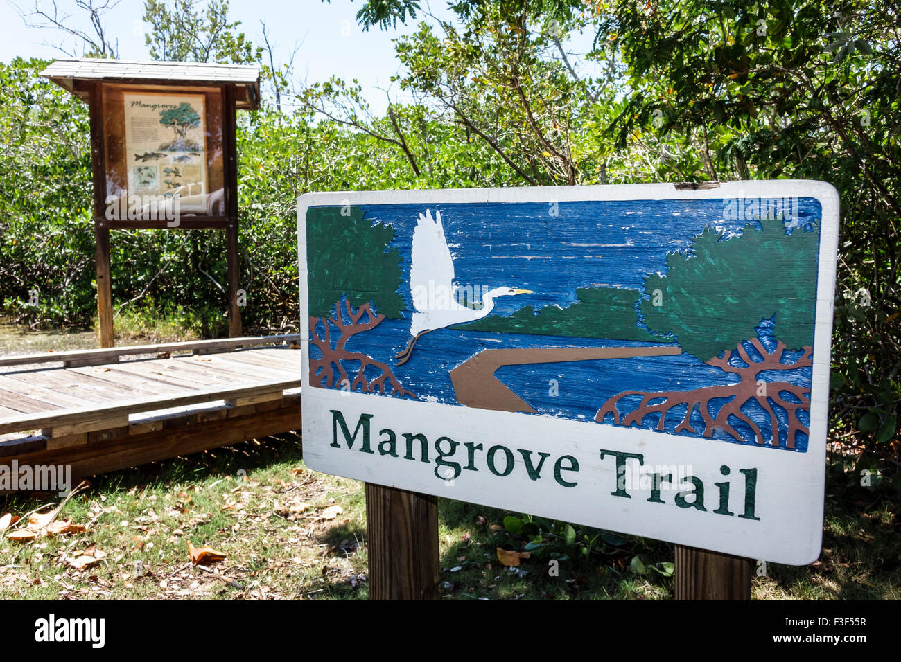 Key Largo Florida Keys,John Pennekamp Coral Reef State Park,Mangrove Trail,sign,raised nature boardwalk,FL150508017 Stock Photo