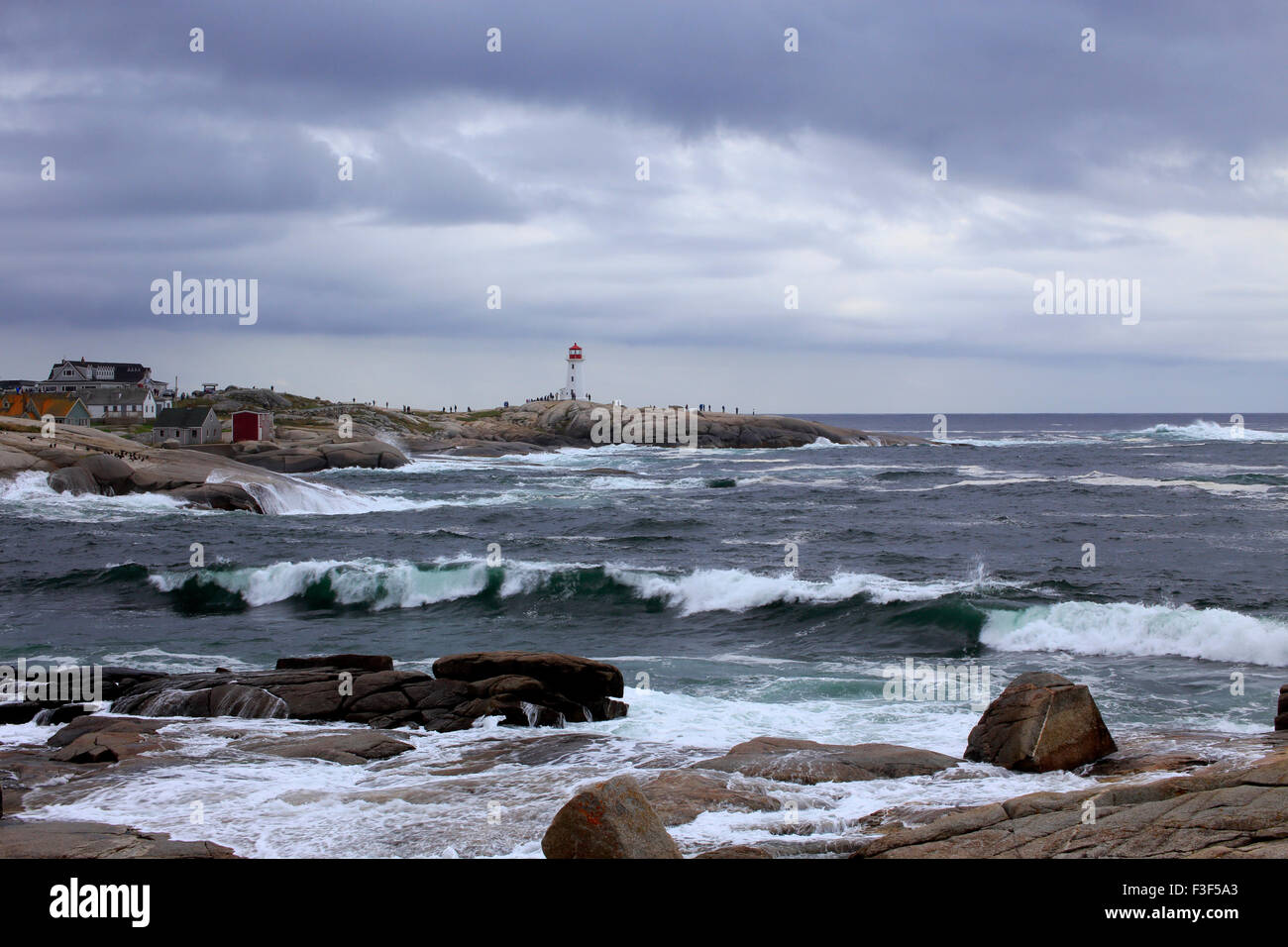 The Peggy's Cove landscape and seascape in Nova Scotia, Canada during a storm with stormy seas from a hurricane Stock Photo