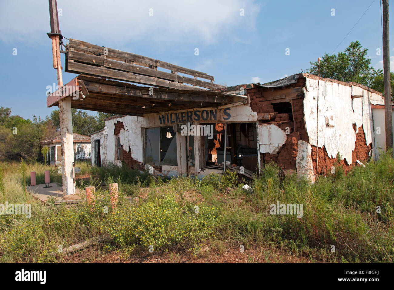 An adobe constructed gas station along Route 66 in Newkirk, New Mexico