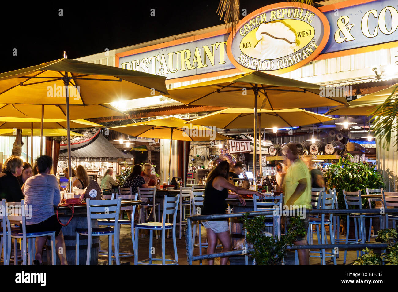 Key West Florida,Keys Old Town,Harbor Walk,harbour,bight,night evening,Conch Republic Seafood Company,restaurant restaurants food dining cafe cafes,ta Stock Photo