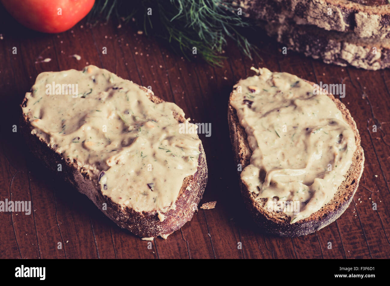 Sandwich with meat paste and spices, pastel colors Stock Photo