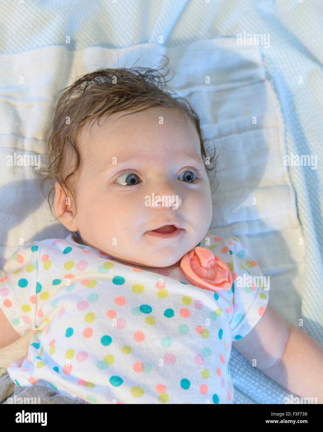 A three month old infant Caucasian girl with dark hair and blue eyes. Closeup. Stock Photo