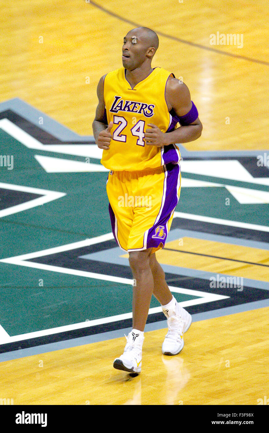 October 4, 2015 - Los Angeles Lakers guard Kobe Bryant #24 runs down court during pre-season action between the Los Angeles Lakers and the Utah Jazz at the Stan Sheriff in Honolulu, HI. - Glenn Yoza/Cal Sport Media Stock Photo