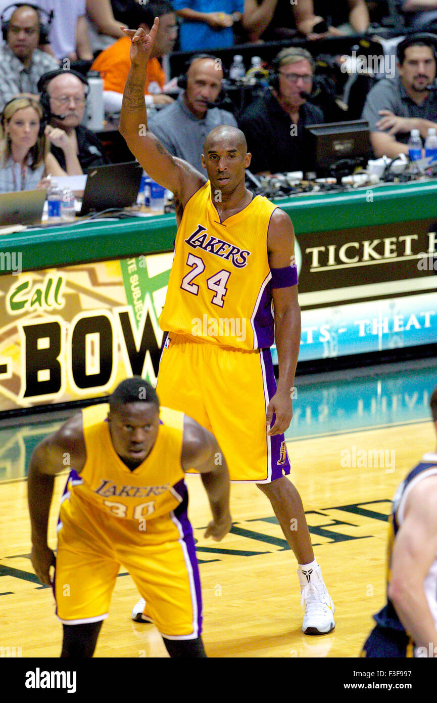 October 4 2015 Los Angeles Lakers guard Kobe Bryant 24 calls for the ball during pre season action between the Los Angeles Lakers and the Utah Jazz at the Stan Sheriff in