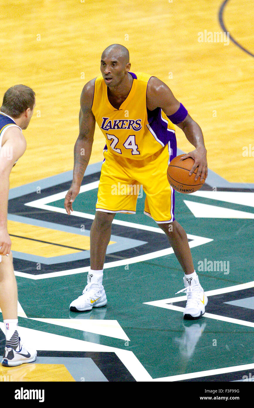 October 4, 2015 - Los Angeles Lakers guard Kobe Bryant #24 surveys the court as he dribbles during pre-season action between the Los Angeles Lakers and the Utah Jazz at the Stan Sheriff in Honolulu, HI. - Glenn Yoza/Cal Sport Media Stock Photo