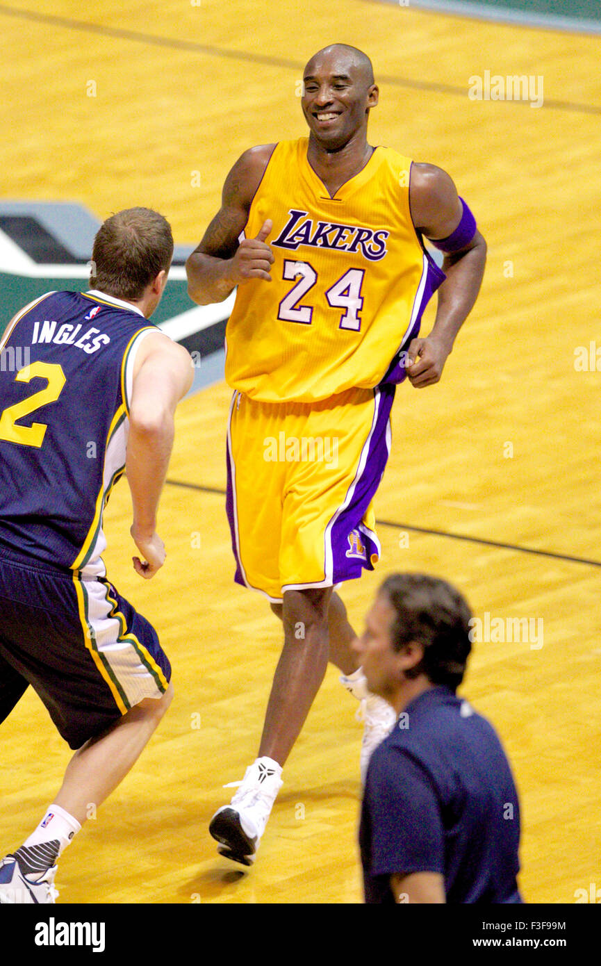 October 4 2015 Los Angeles Lakers guard Kobe Bryant 24 smiles as he defends Utah Jazz forward Joe Ingles 2 during pre season action between the Los Angeles Lakers and the Utah
