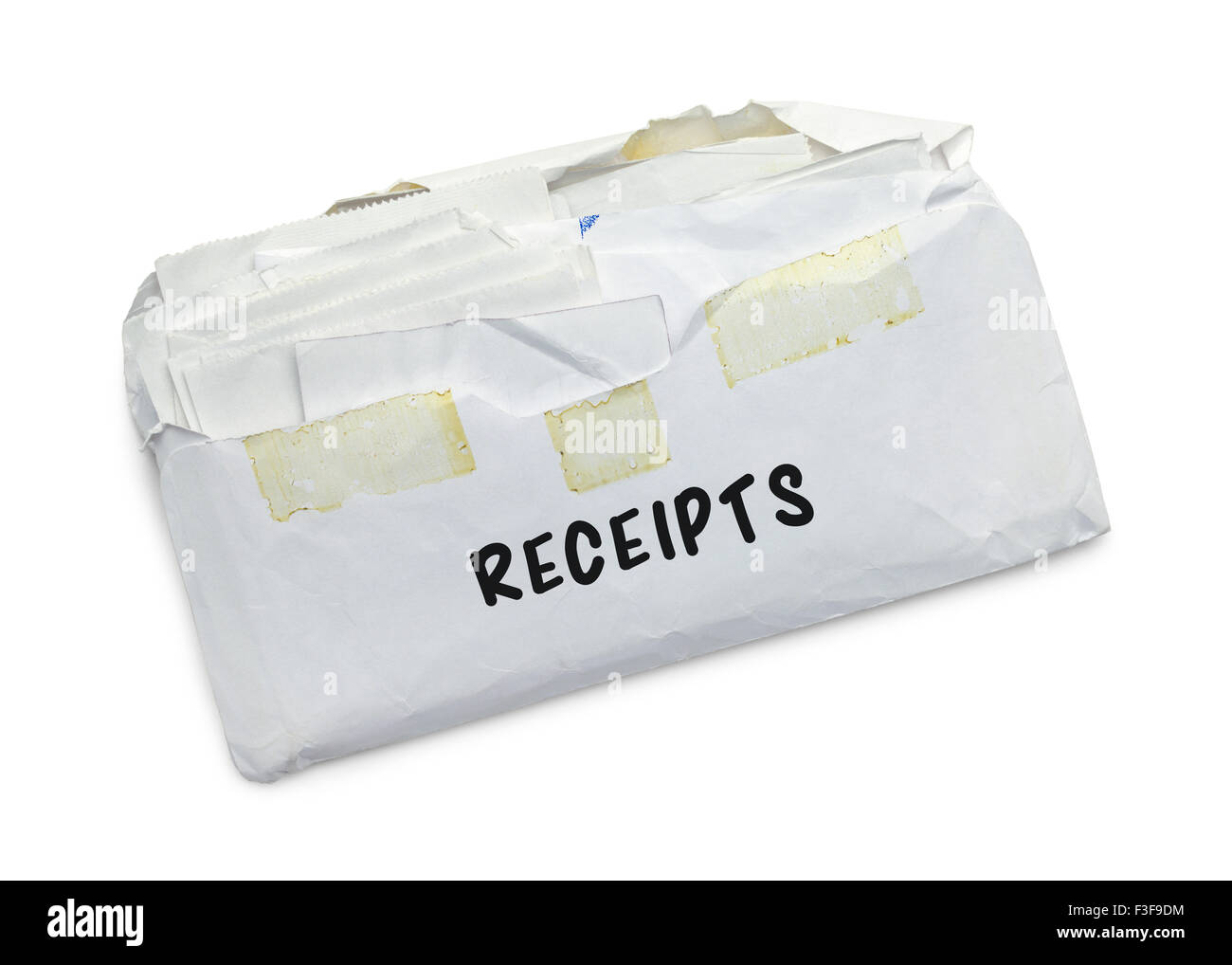 Envelope full of Receipts Isolated on White Background. Stock Photo