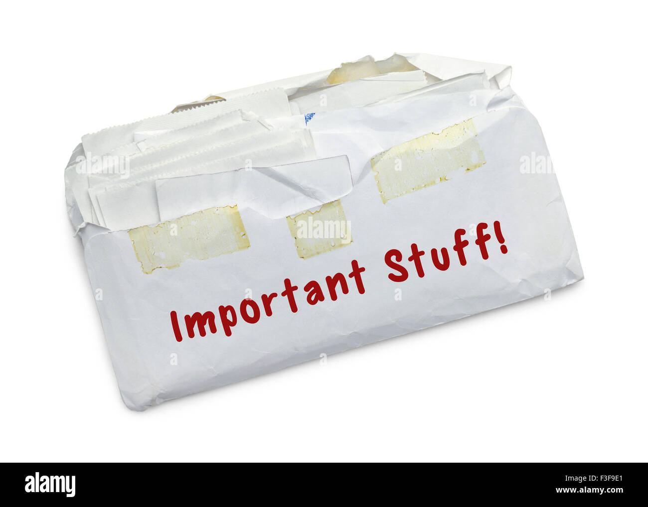 Envelope full of Receipts Isolated on White Background. Stock Photo