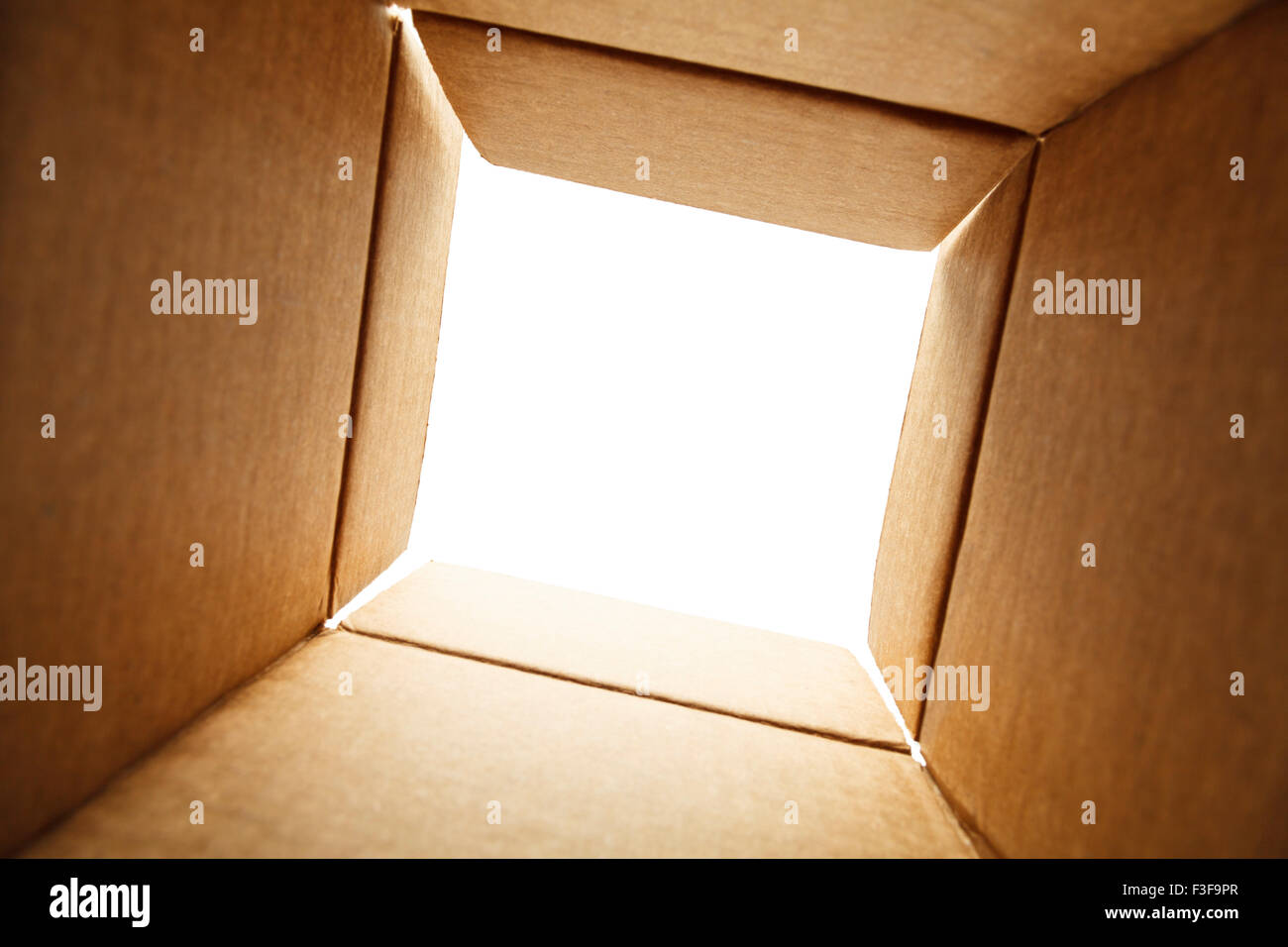 Looking out of the Bottom of a Box With White Copy Space. Stock Photo