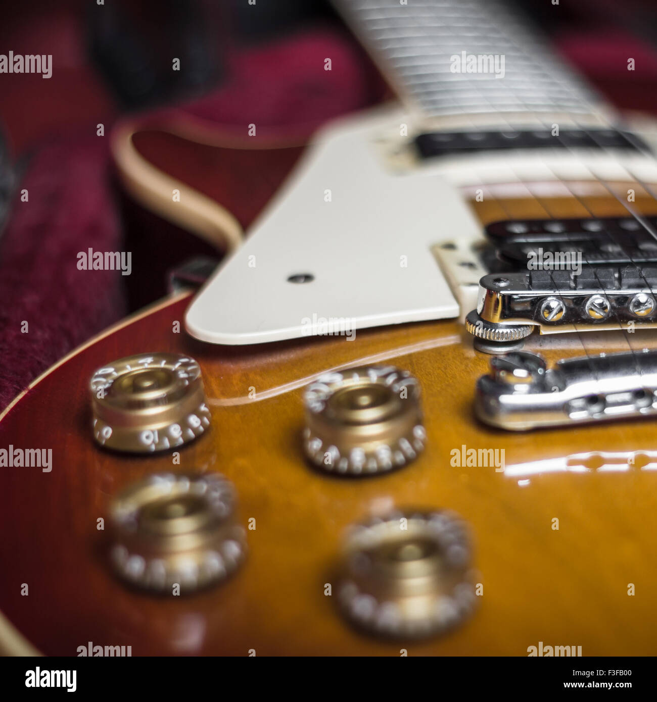 Extreme closeup of an electric guitar in its carry case Stock Photo