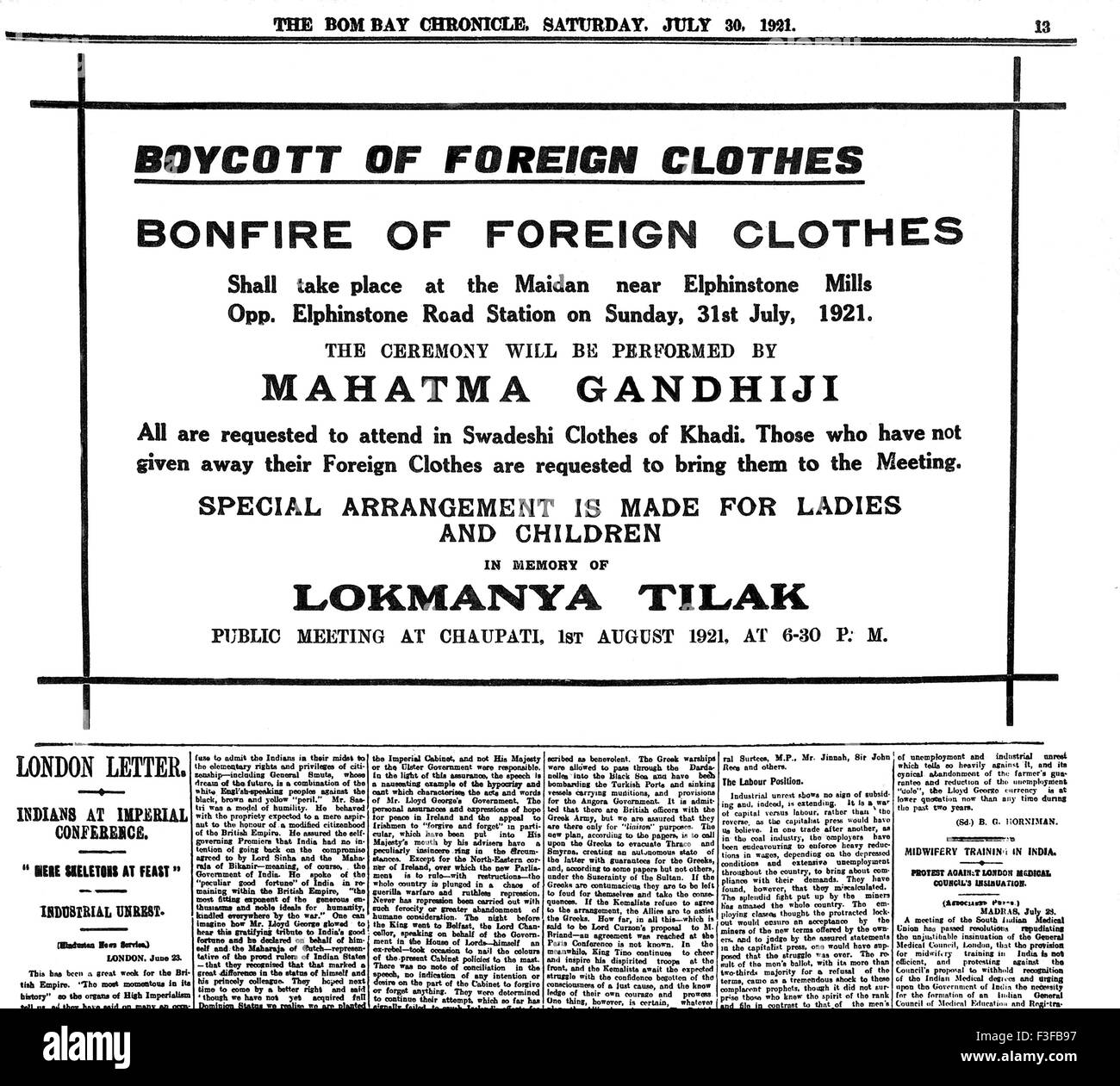 Mahatma Gandhi appeal for boycott of foreign cloth and invitation to Stock Photo 88233971 Alamy