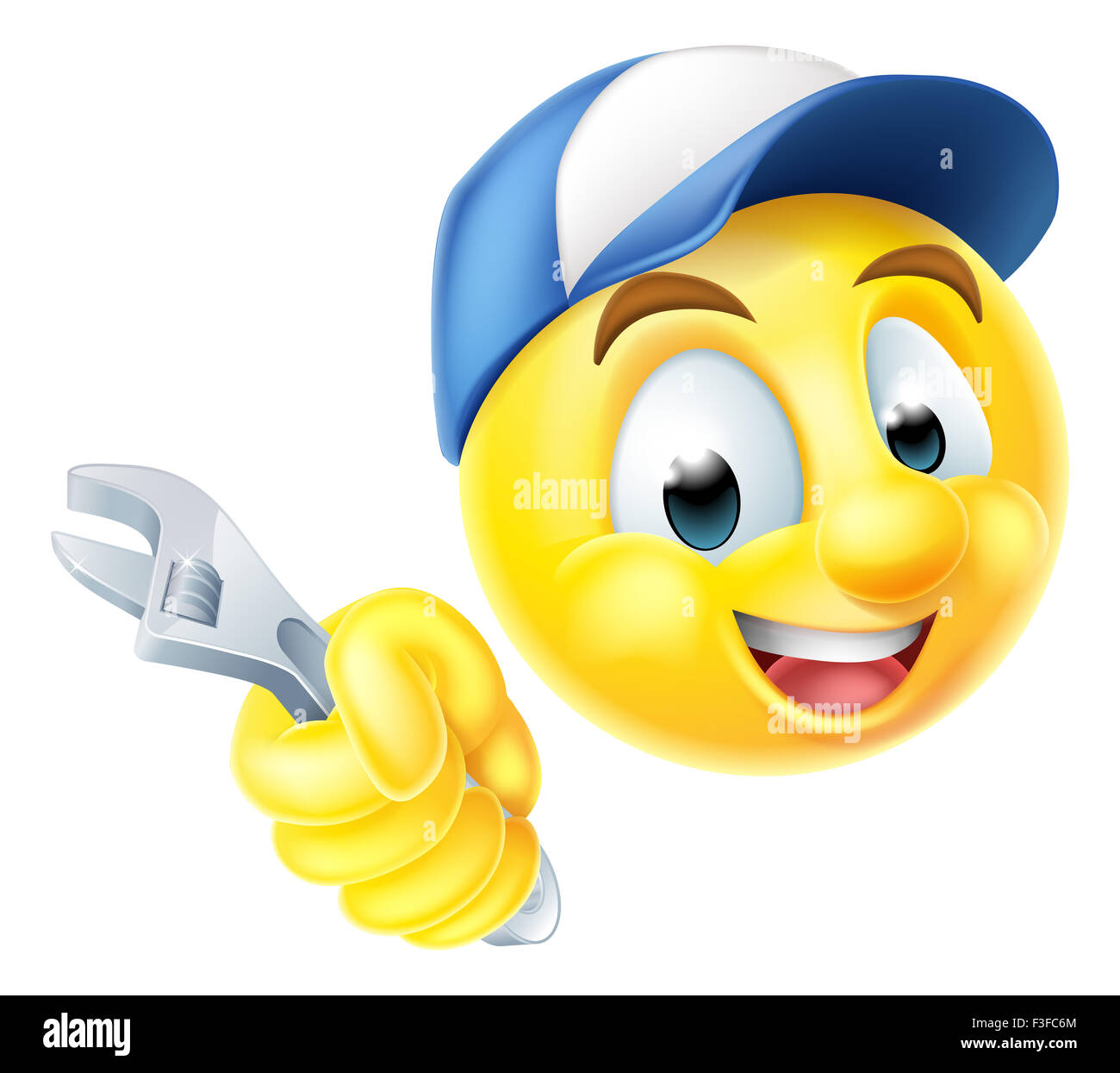 A cartoon mechanic or plumber emoticon emoji holding a spanner or