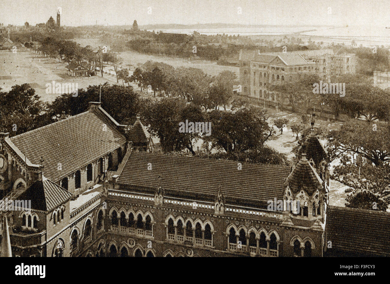 Old picture vintage 1900s ; Bombay from St. Xavier school towards Azad Maidan and Cross Maidan ; visible Rajabai Tower and Churchgate , Bombay , Mumbai ; Maharashtra ; India Stock Photo