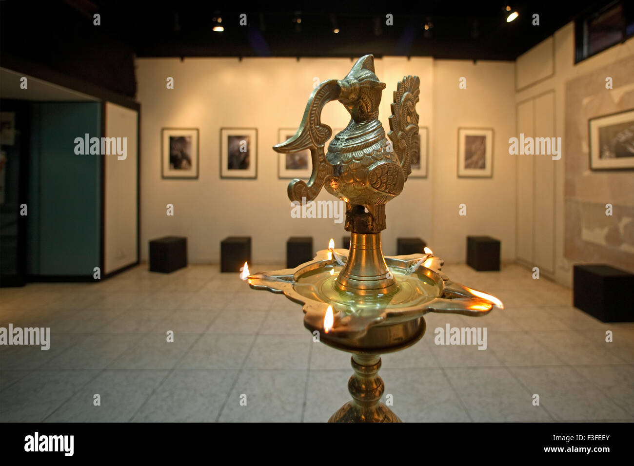 Brass Lamp ; exhibition opening lighting lamp ; New Delhi ; India ; Asia ; Asian ; Indian Stock Photo