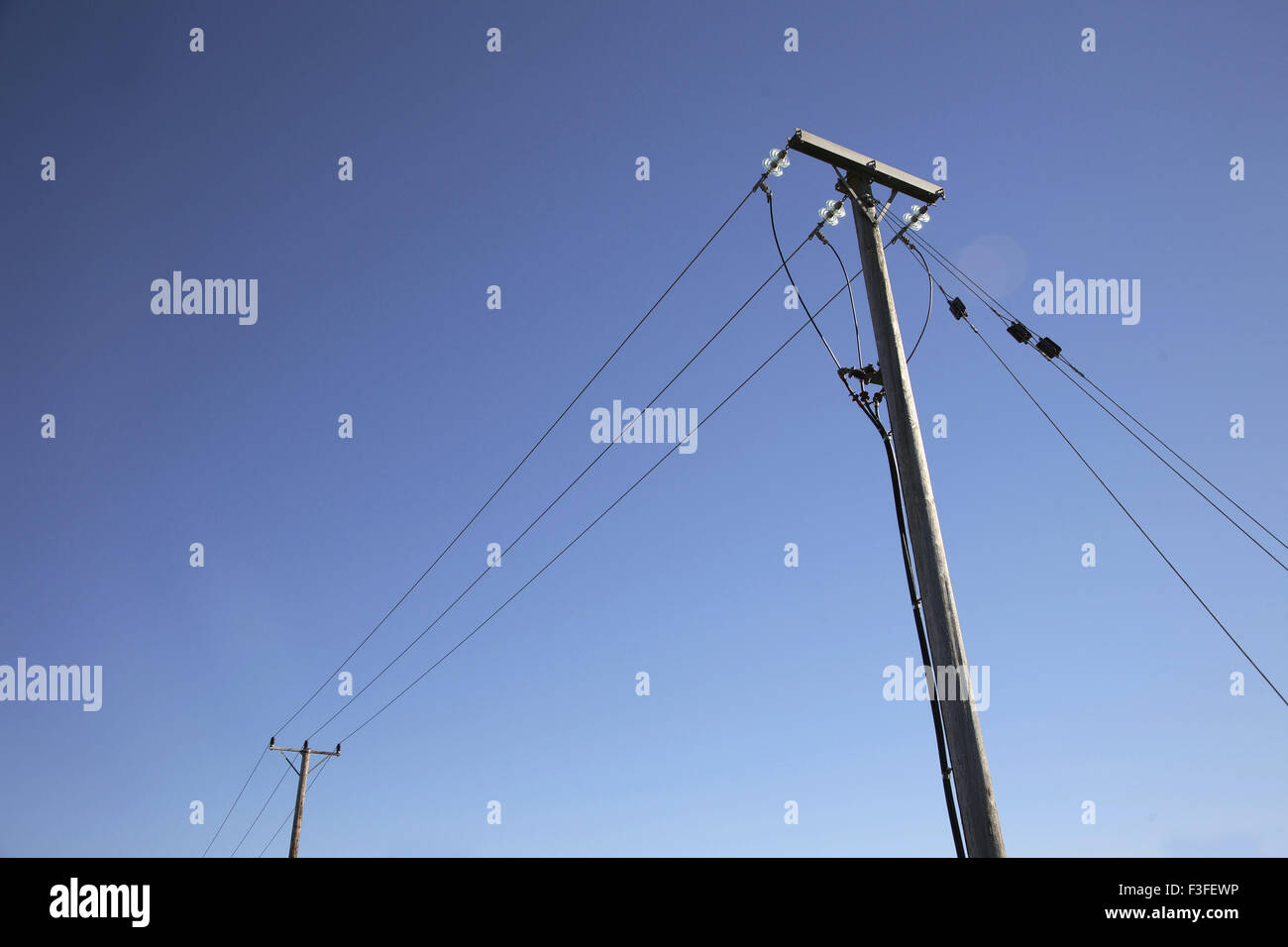 Wooden electric poles with electric wires against blue sky Stock Photo ...