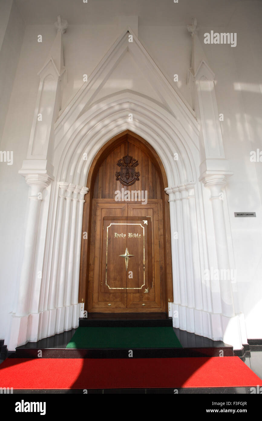 Main door of Bible tower at the rear of Shrine Basilica of Our Lady of Dolours built in1940 ; Thrissur ; Kerala ; India Stock Photo