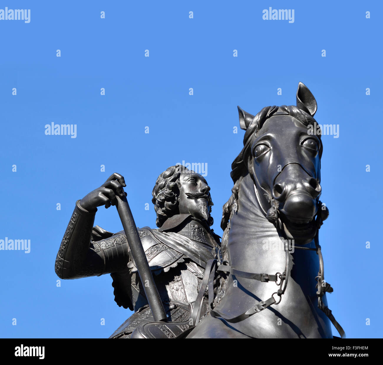 London, England, UK. Statue (1633: Hubert le Sueur) of King Charles I (1600-49) in Trafalgar Square.... Stock Photo