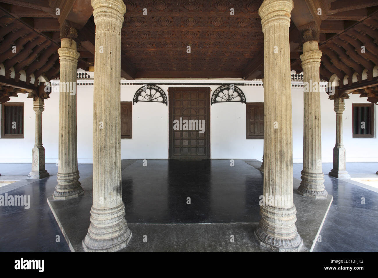 Entrance to Palace Pillars in Puthen Maliga (Kuthiramalika) Palace Museum in Thiruvananthapuram or Trivandrum ; Kerala ; India Stock Photo