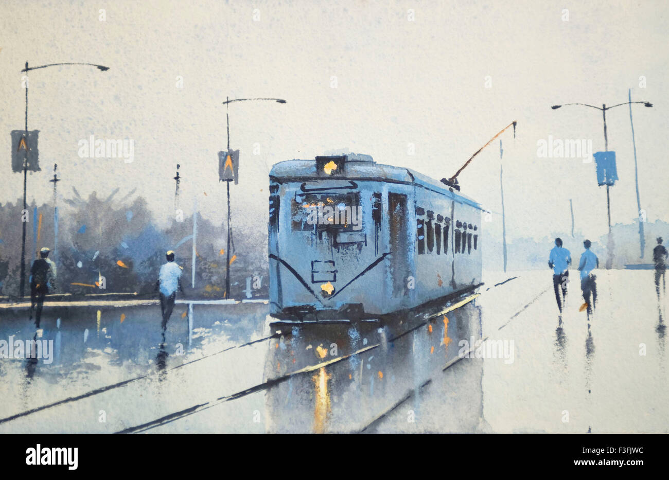Tram watercolor painting, Kolkata, Calcutta, West Bengal, India, Asia