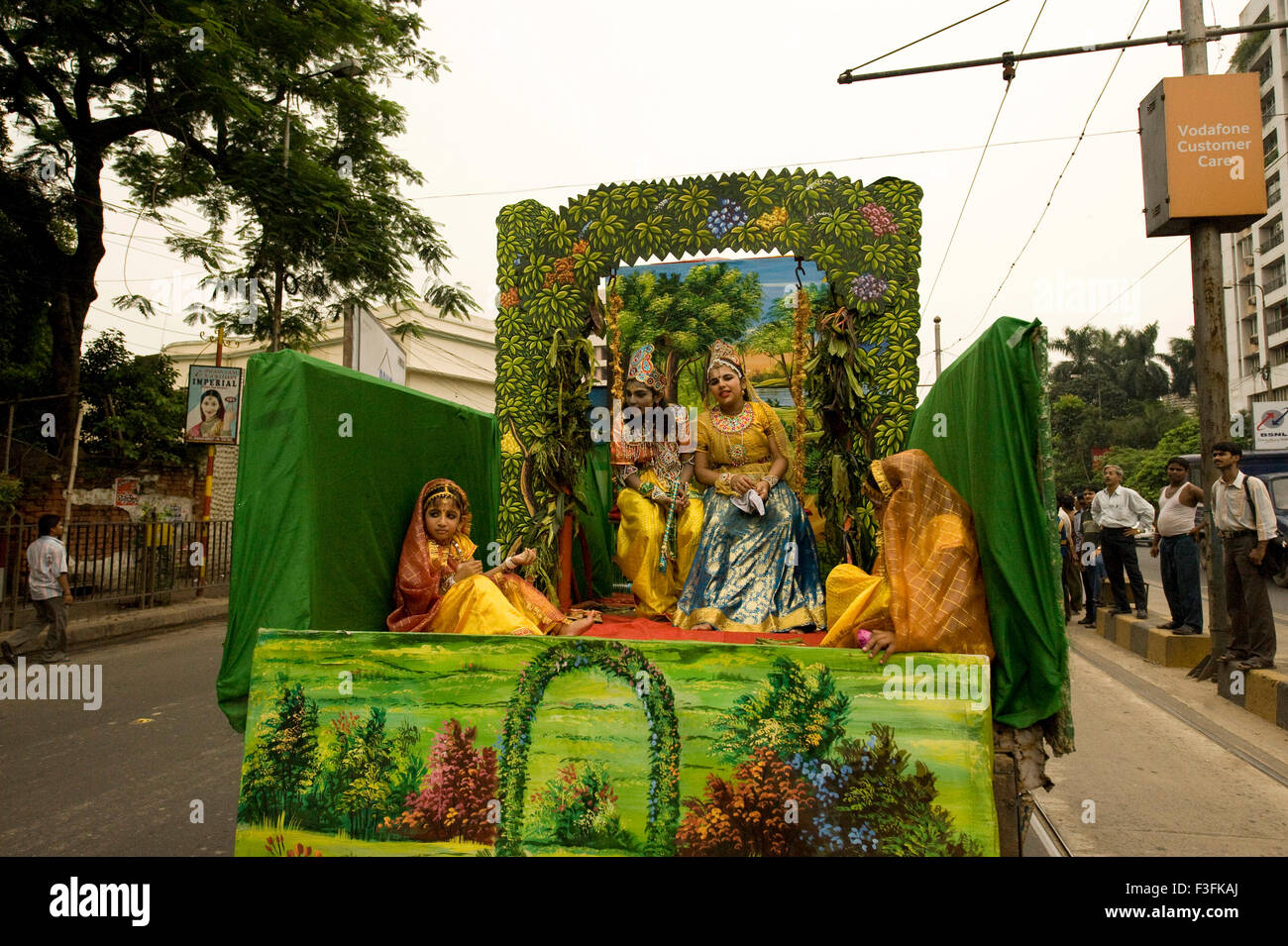 Puranic episodes of Radha Krishna enacted on the Ulta Ratha Yatra by ISCON ; Calcutta ; West Bengal ; India Stock Photo