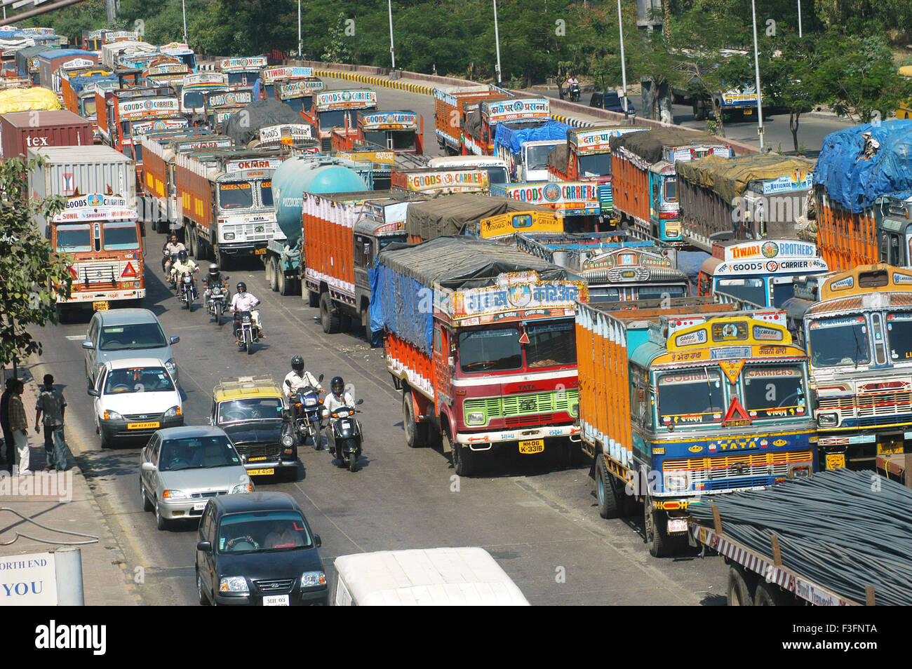 Trucks on road as Brihanmumbai Mahanagar Palika or BMC octroi on strike delaying collection process at Bombay Mumbai Stock Photo