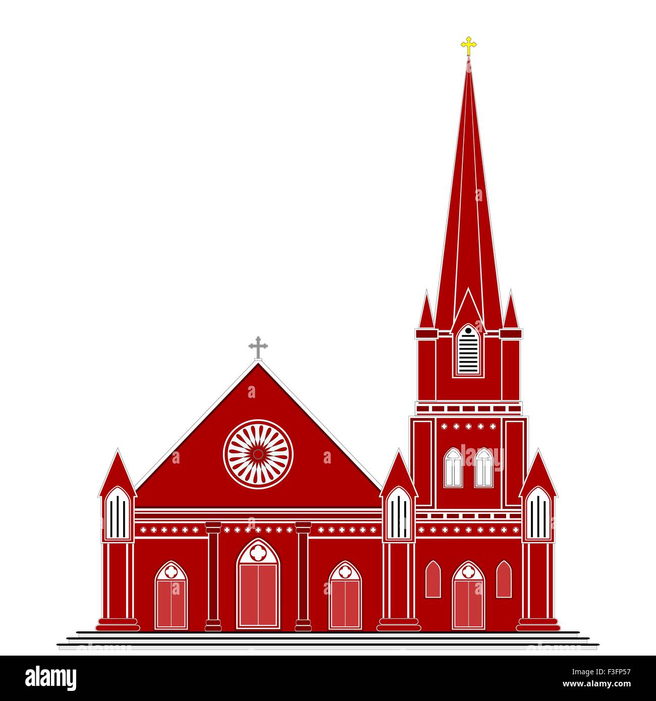 An ancient gothic style Christian church with a tower. Shades of maroon, red and brown are used. The image is isolated on white. Stock Vector
