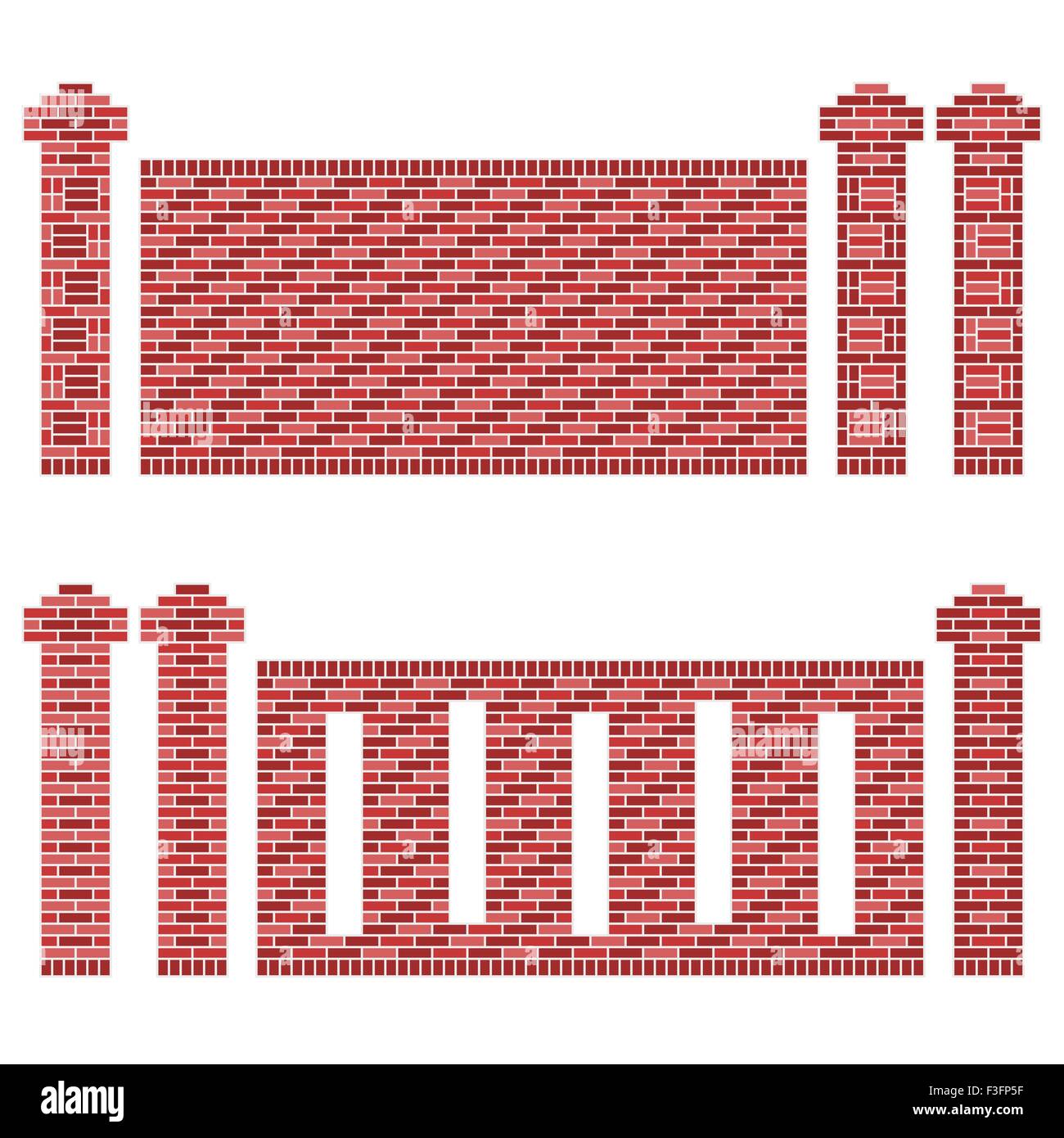 Few patterns of brick walls and its columns/pillars. The bricks are shades of maroon, red and brown. Isolated on white. Stock Vector
