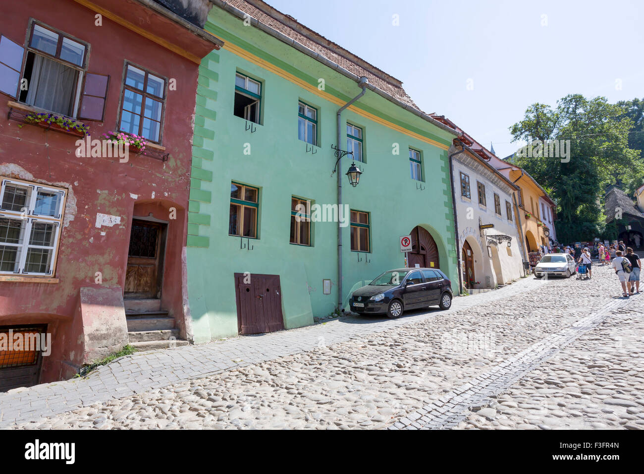 Street scene in Sighisoara, Transylvania, Romania Stock Photo