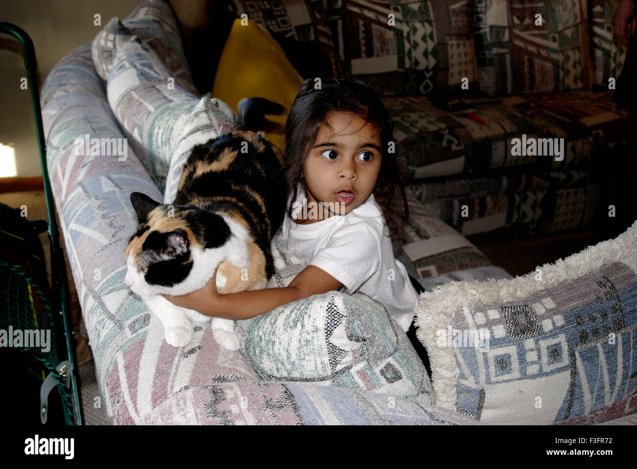 Three years old girl with cat on bed MR#0543 Stock Photo