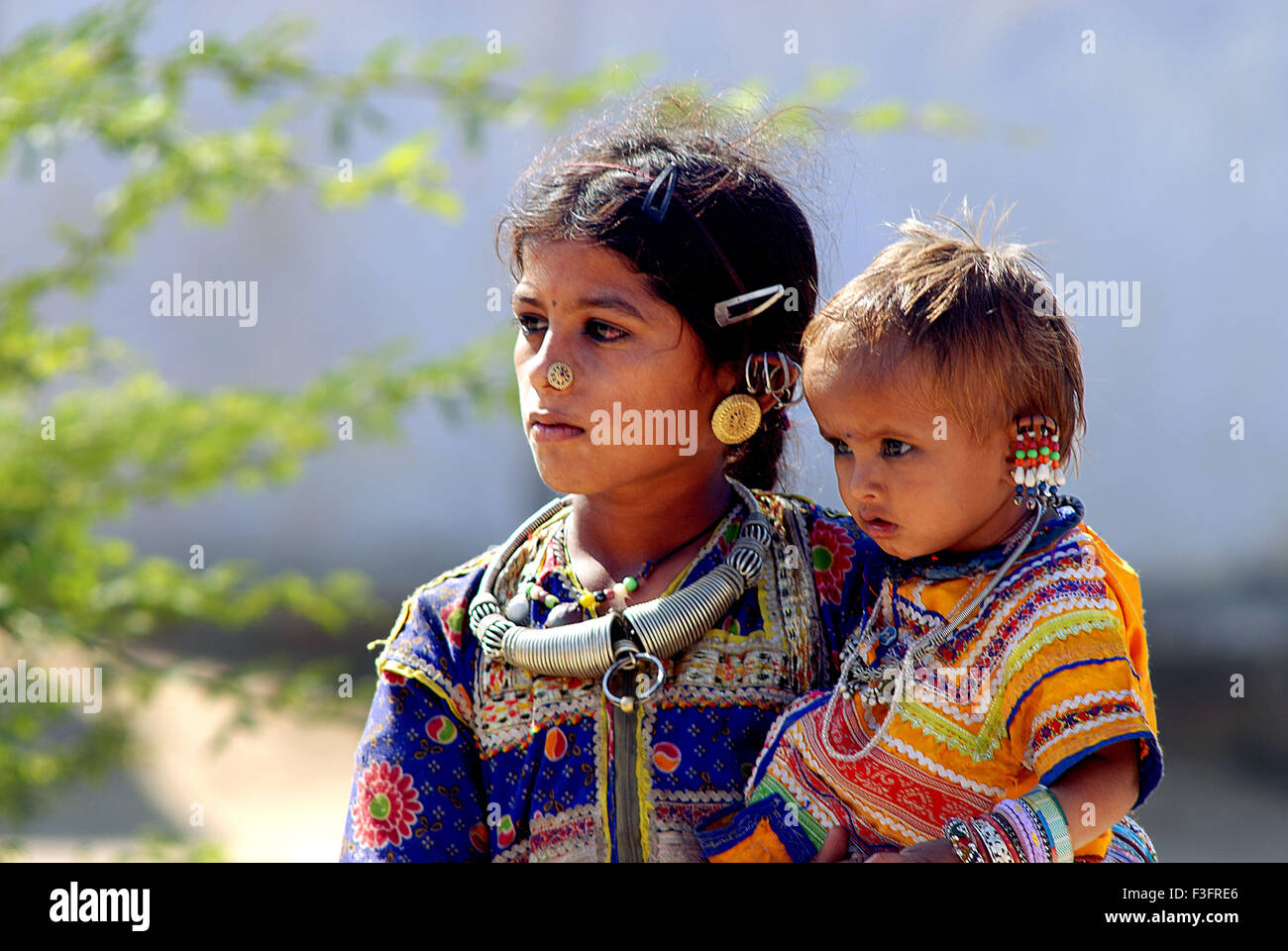 Rabari tribe, mother and child, Chari Dhandh, Chari Dhand wetland conservation reserve, Banni grasslands, Rann of Kutch, Kutch District, Gujarat, India, Asia Stock Photo
