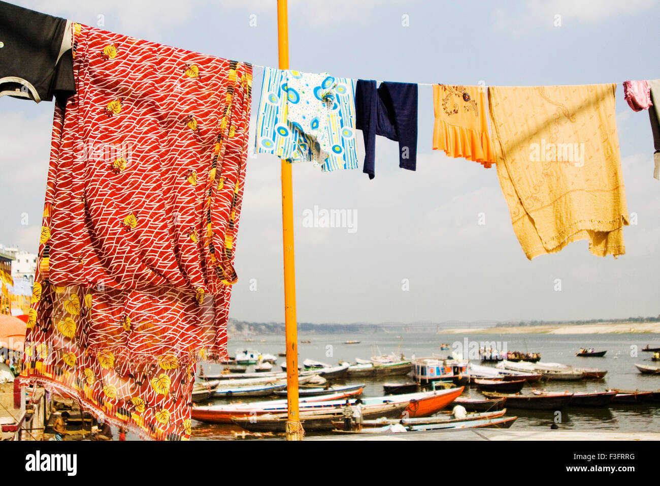 Washing cloth hang for drying ; Varanasi ; Uttar Pradesh ; India Stock Photo