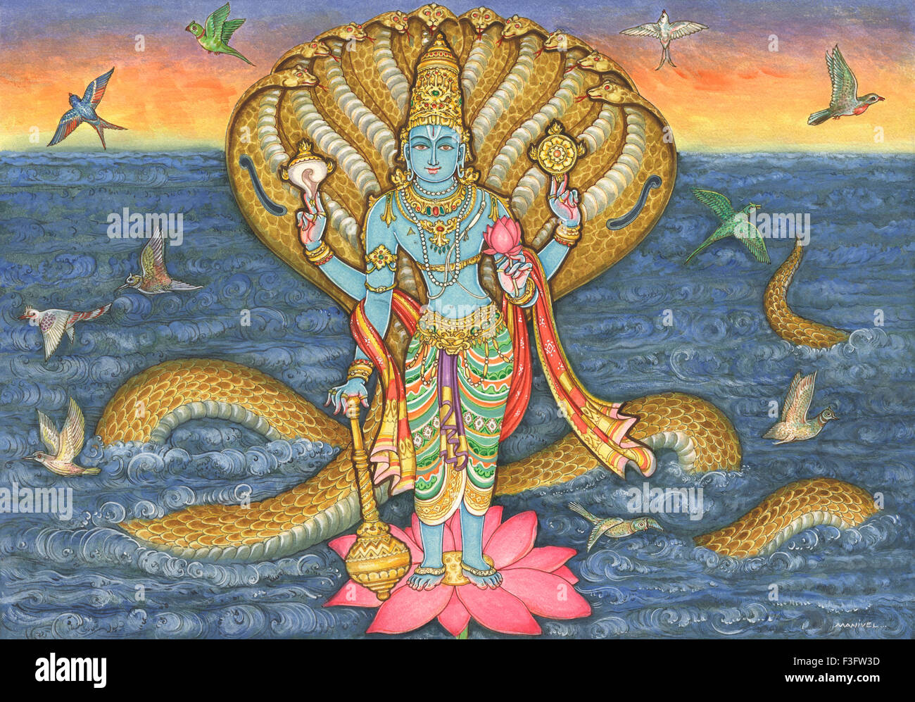 painting of hindu god vishnu standing on lotus flower and protected by hydra headed snake in ocean Stock Photo